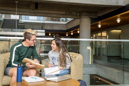 Two students studying together in the library.