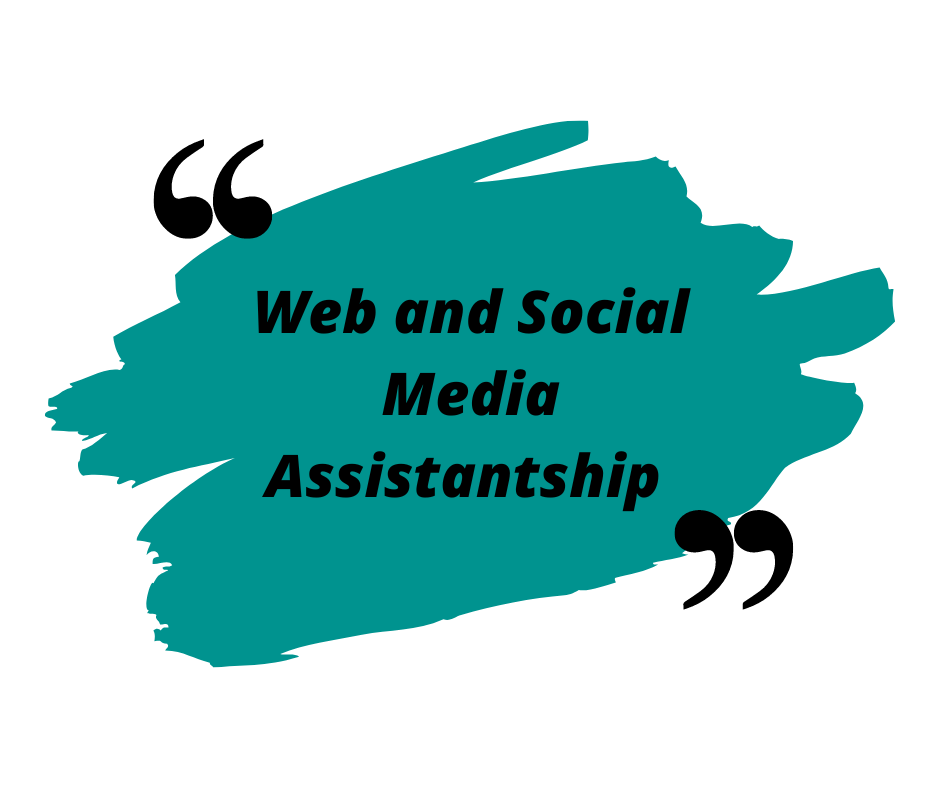 Teal paint stroke with the words web and social media assistantship
