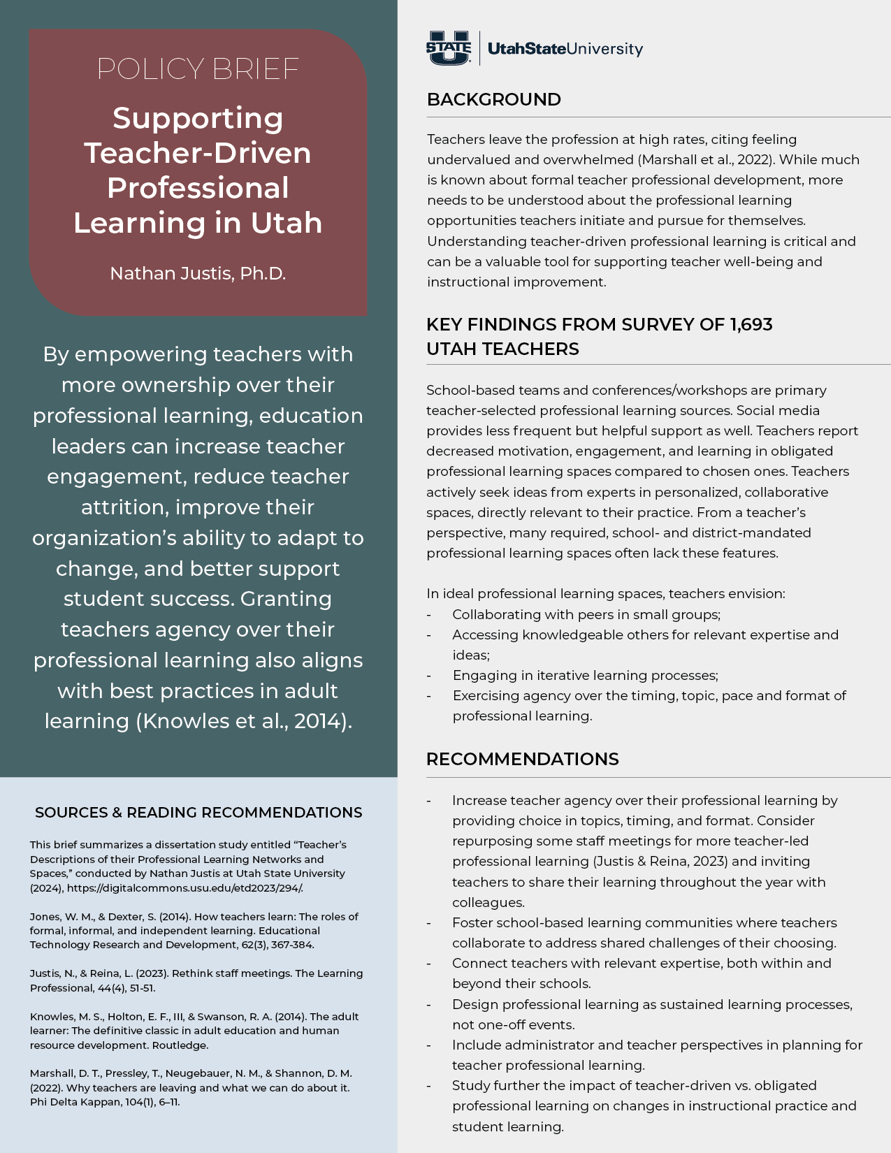 Research by Nathan Justis on teacher-driven professional learning in Utah