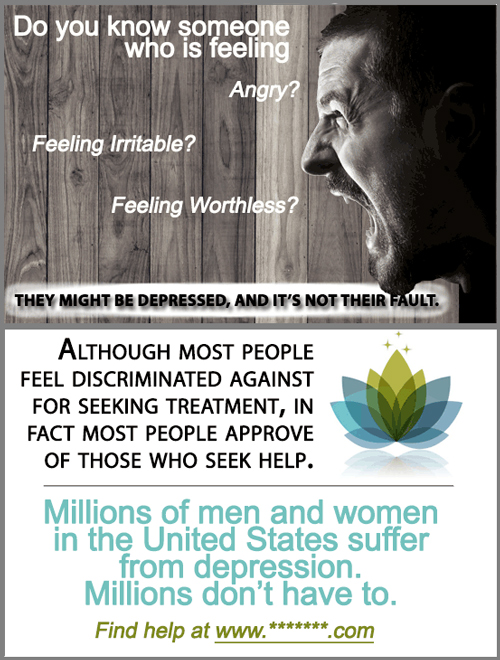 Public Service Announcement describing depressiion for men, and stating that while many believe there may be discrimination for seeking treatment, in fact most people APPROVE of seeking treatment.
