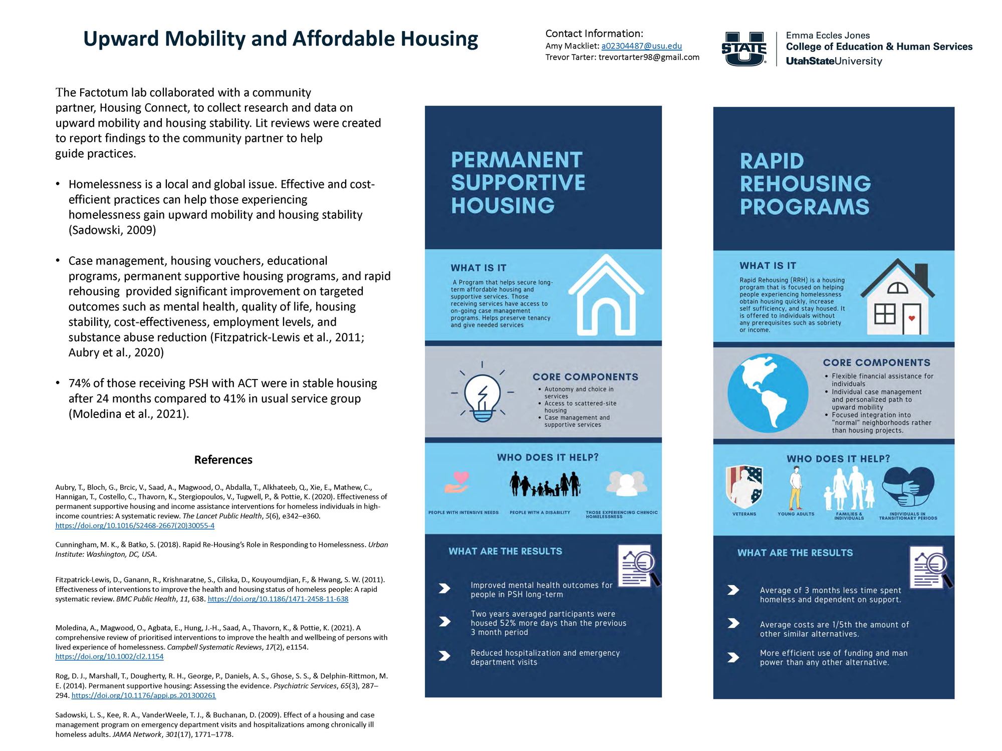 The Factotum Lab collaborated with a community partner, Housing Connect, to collect research and data on upward mobility and housing stability. Literature reviews were created to report findings to the community partner to help guide practices.